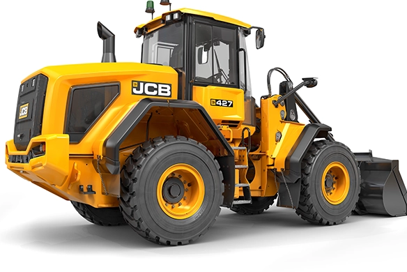 Side rear view of JCB 427 Agri wheel loader on a white background