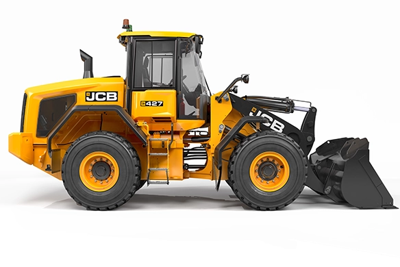 Side profile of JCB 427 Agri wheel loader with front bucket attachment