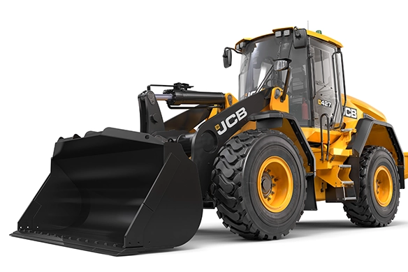 Front three-quarter view of JCB 427 Agri wheel loader with large capacity bucket attachment