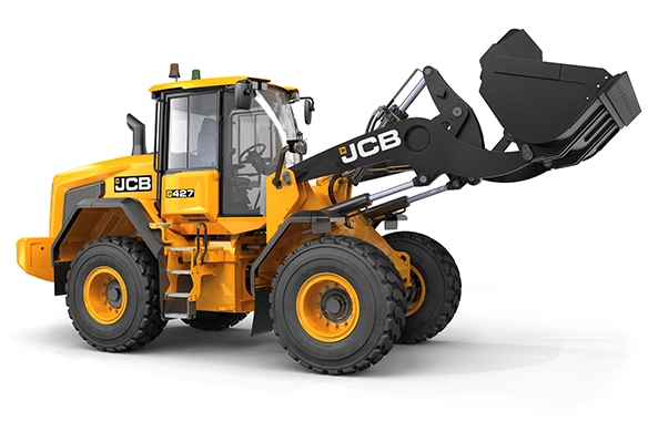 JCB 427 Agri wheel loader lifting bucket at height for efficient farm material handling