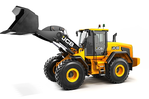 Studio image of JCB 457S wheel loader with raised bucket highlighting heavy-duty construction
