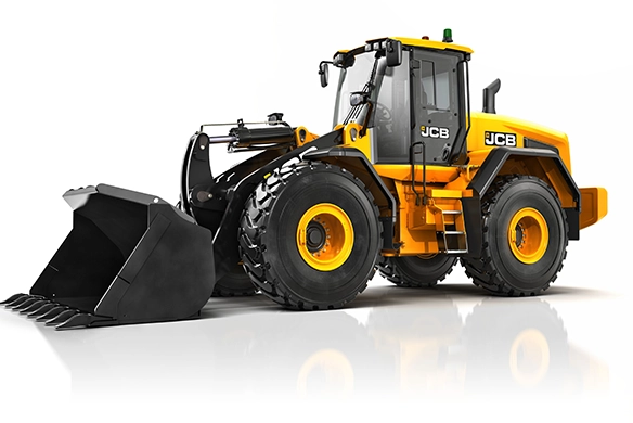 Side view of JCB 457S wheel loader with front bucket attachment on a white background