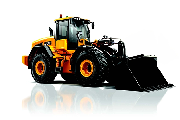 Front three-quarter studio view of JCB 457S wheel loader with large capacity rehandling bucket
