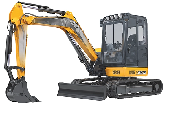 Studio image of JCB 50Z-1 mini excavator showing compact zero tail swing design
