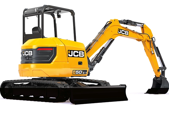Rear three-quarter studio view of JCB 50Z-1 mini excavator with tracked undercarriage