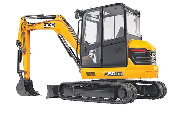 Side profile studio image of JCB 50Z-1 mini excavator with digging bucket and dozer blade
