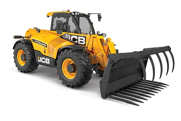 Studio image of a JCB 542-70 telescopic handler fitted with a grapple attachment on a white background