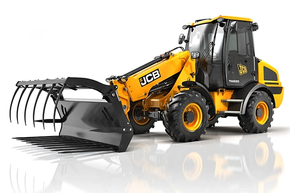 Studio image of JCB TM220 telescopic wheel loader fitted with a grab attachment