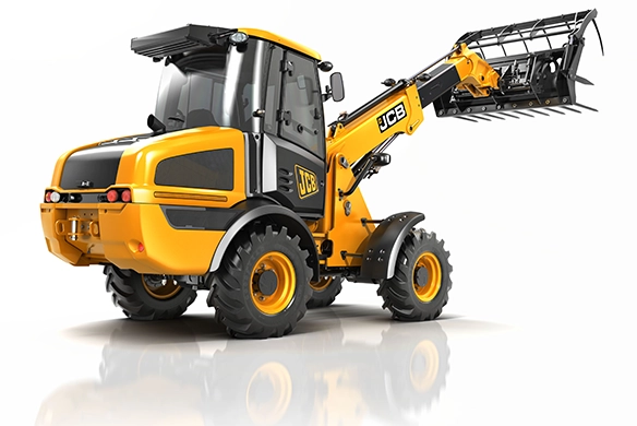 JCB TM220 telescopic wheel loader with raised telescopic boom and grab attachment on white background