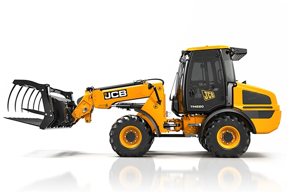 Side profile studio image of JCB TM220 telescopic wheel loader with agricultural tyres