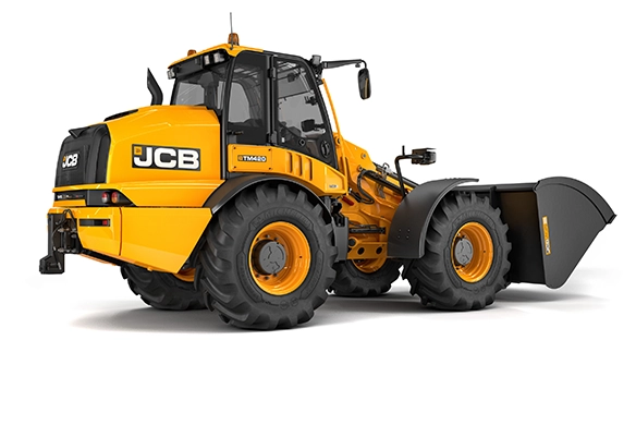 Rear three-quarter studio view of JCB TM420 telescopic wheel loader with large capacity bucket