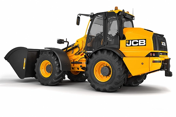 Side rear studio view of JCB TM420 telescopic wheel loader showing heavy-duty agricultural tyres