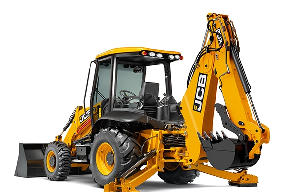 JCB 3CX backhoe loader shown in studio configuration with front loader and rear excavator